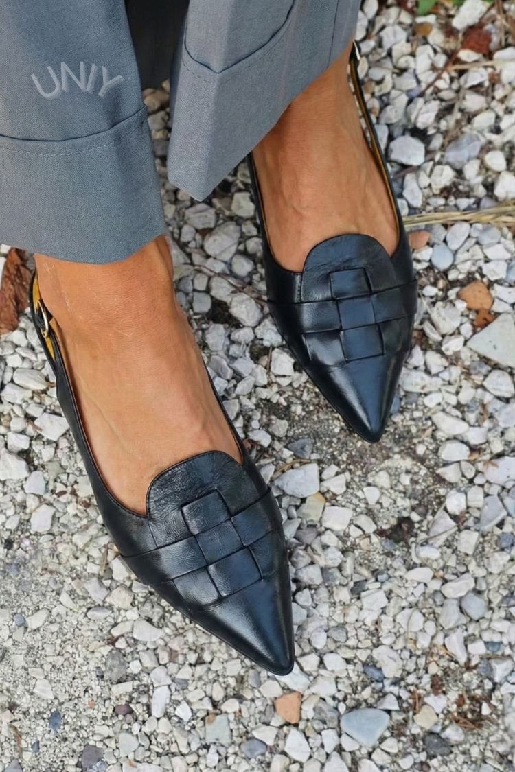 Elegant Black Leather Woven Pointed Toe Slingback Flats [Pre Order]