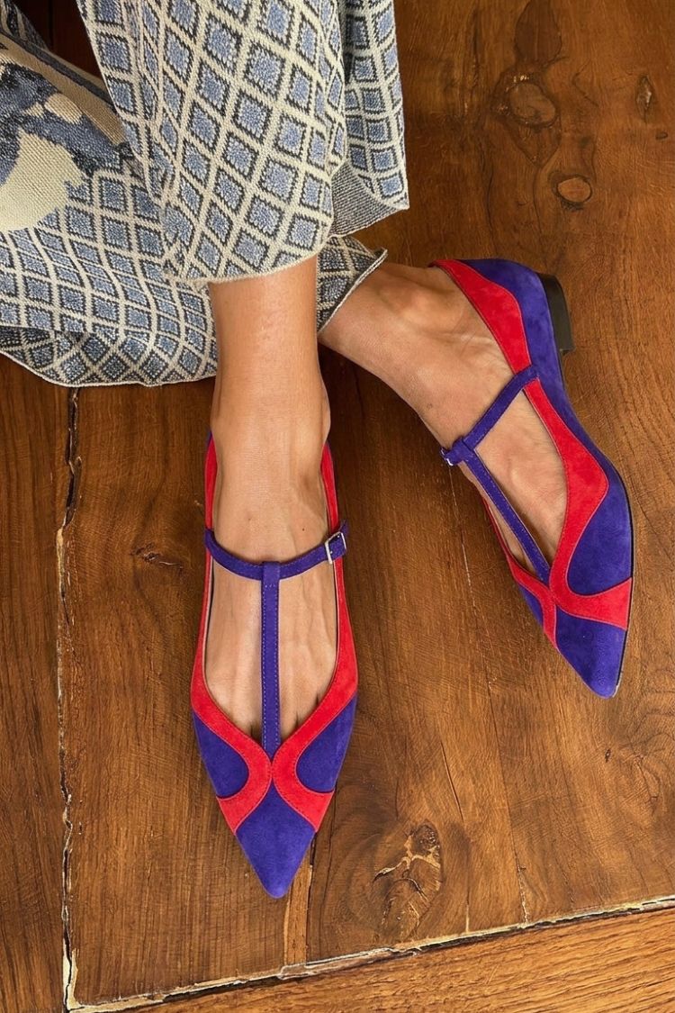 Purple Red Two Tone Suede T-Strap Pointed Flats [Pre Order]