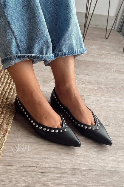 Chic Black Studded Pointed Toe Slip-On Flats [Pre Order]