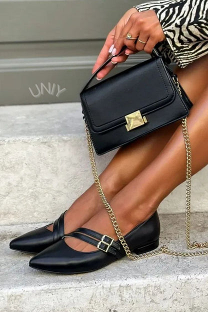 Chic Black Double Strap Buckle Pointed Toe Mary Jane Flats [Pre Order]