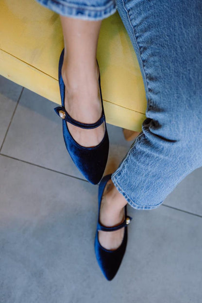 Solid Color Velvet Pointed Toe Metal Buckle Flats [Pre Order]