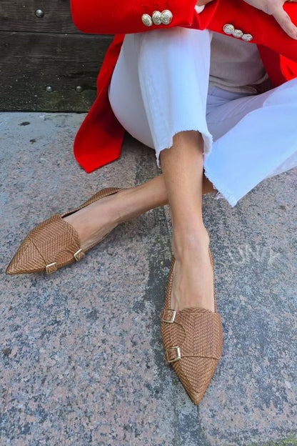 Brown Woven Pointed Toe Double Buckle Strap Flats [Pre Order]