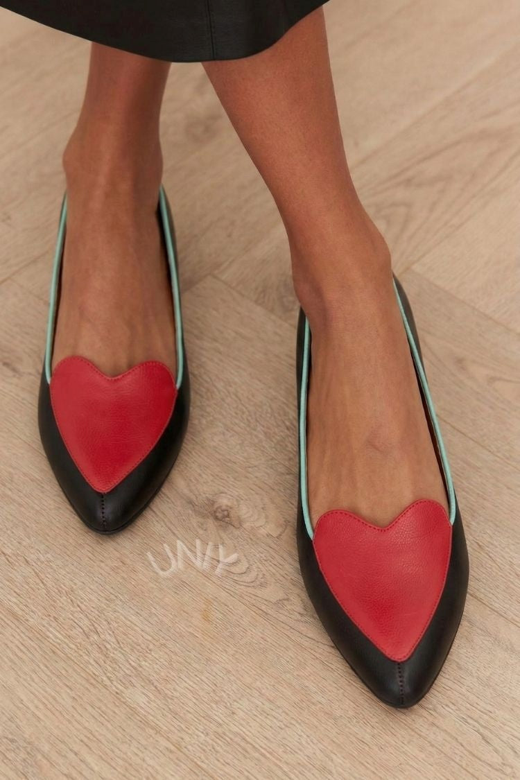 Elegant Black Leather Pointed Toe Red Heart Detail Flats [Pre Order]