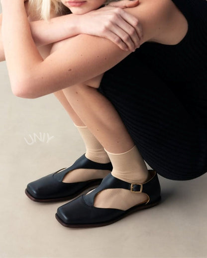Leather Square Toe T-Strap Buckle Ankle Mary Jane Flats [Pre Order]