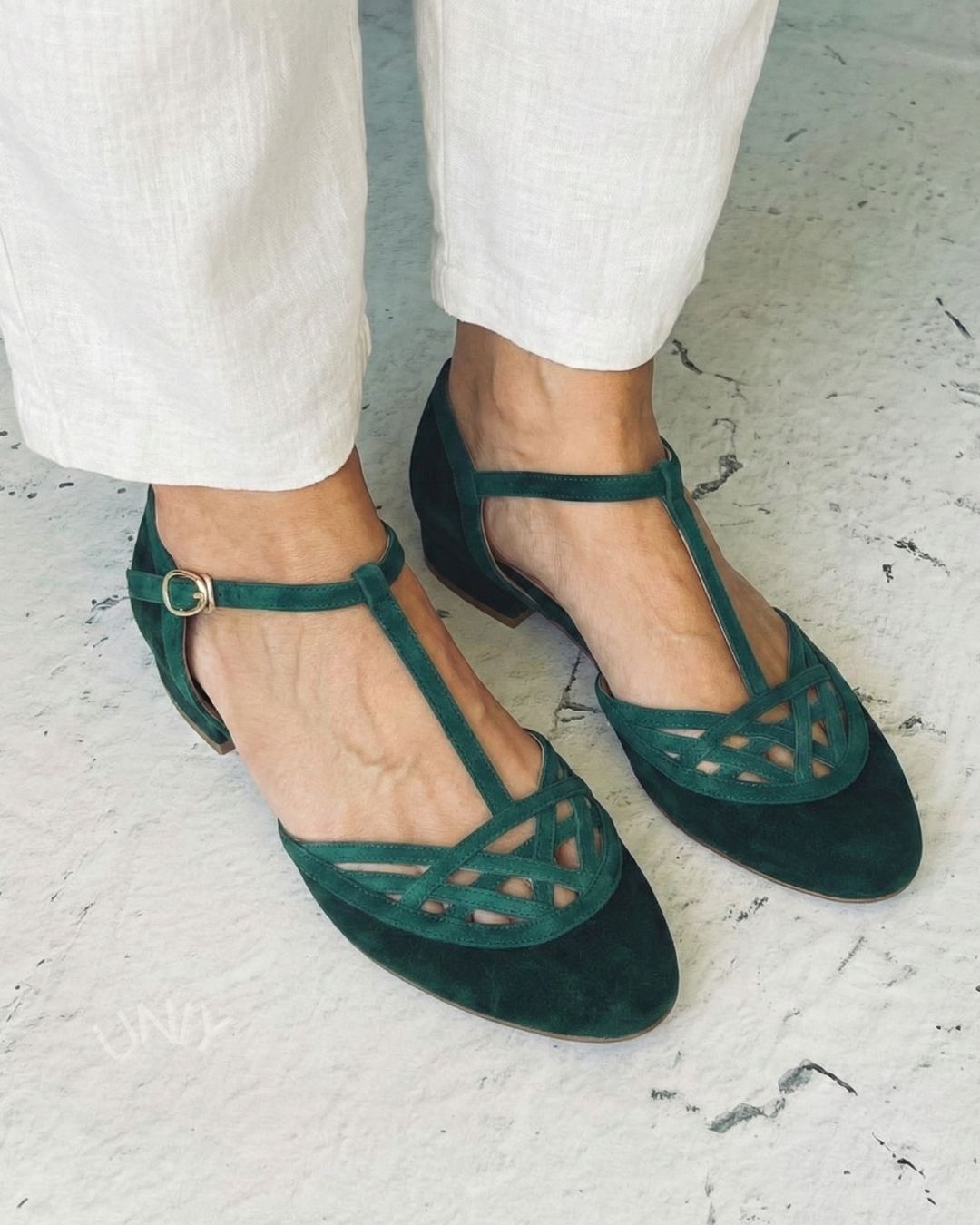 Dark Green Faux Suede T-Strap Lattice Cutout Mary Jane Flats [Pre Order]