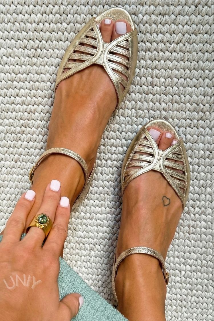 Metallic Gold Strappy Cutout Ankle Strap Peep Toe Flats [Pre Order]