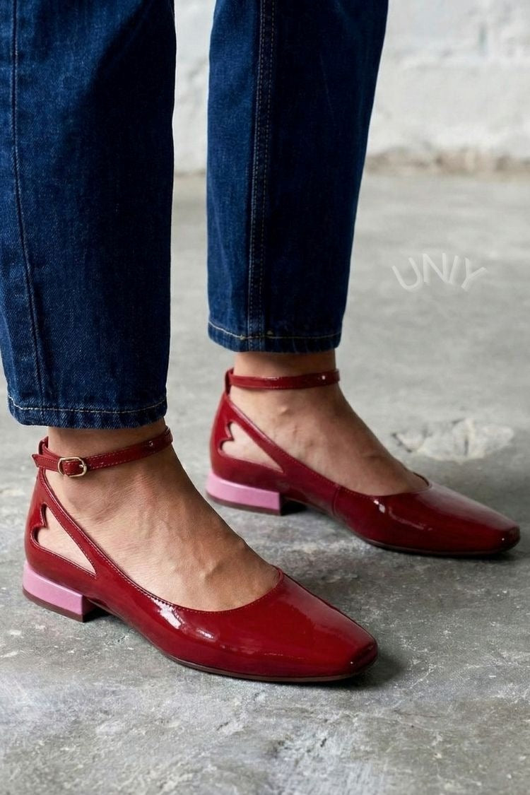 Elegant Color Block Patent Leather Heart Cutout Flats [Pre Order]