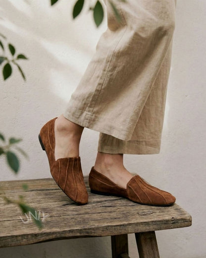 Brown Suede Pleated Loafers Minimalist Pointed Toe Flats [Pre Order]