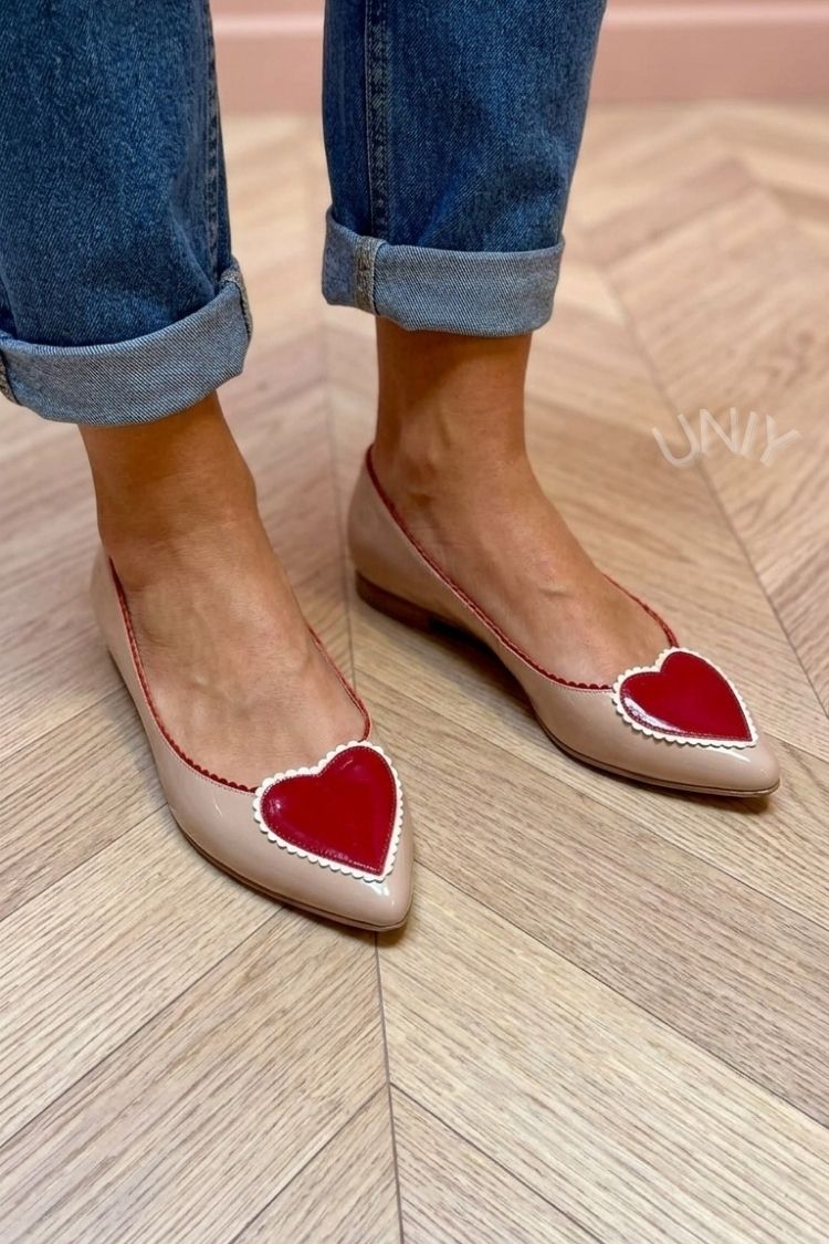 Stylish Beige Red Contrast Heart Detail Pointed Toe Flats [Pre Order]