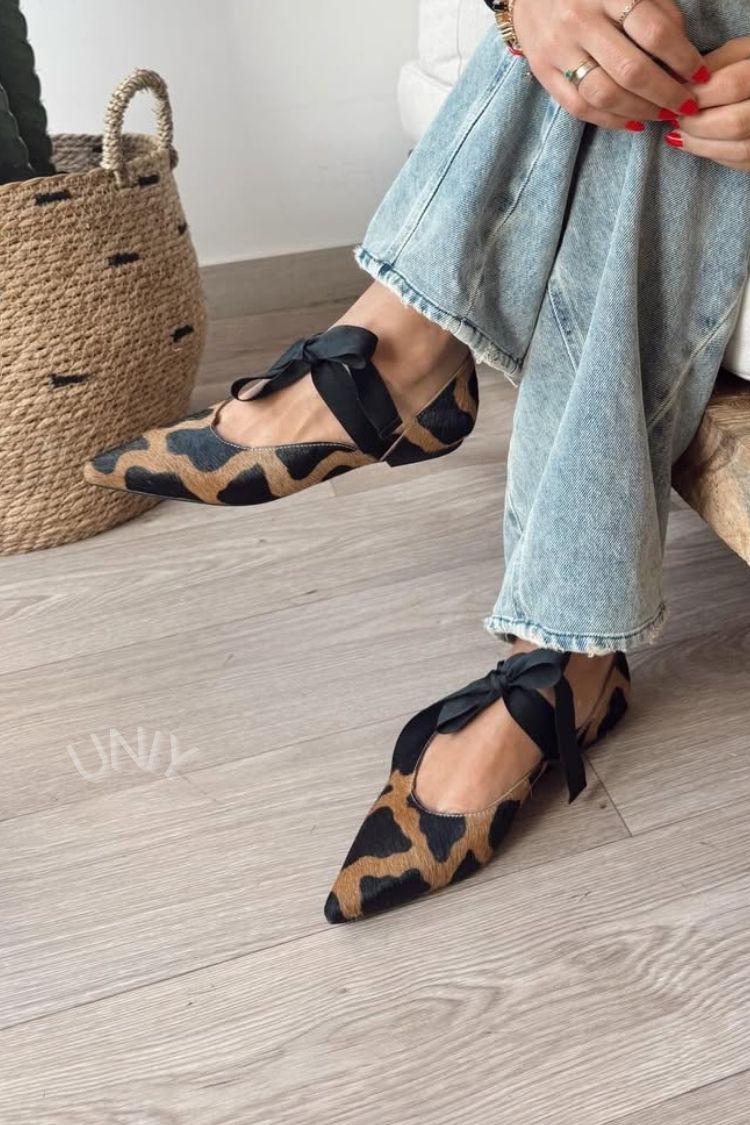 Pointed Toe Calf Hair Leopard Print Ribbon Bow Flats [Pre Order]