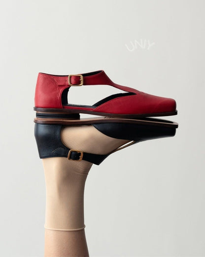 Leather Square Toe T-Strap Buckle Ankle Mary Jane Flats [Pre Order]