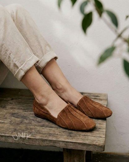 Brown Suede Pleated Loafers Minimalist Pointed Toe Flats [Pre Order]