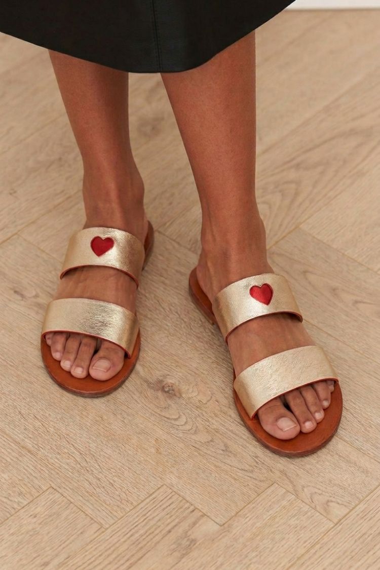 Minimalist Metallic Gold Red Heart Double Strap Flats [Pre Order]