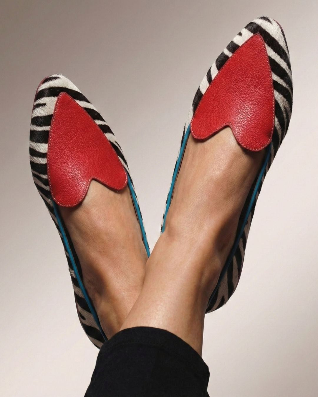 Zebra Print Pointed Toe Red Heart Slop-On Ballet Flats [Pre Order]