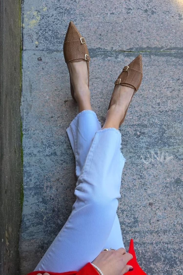 Brown Woven Pointed Toe Double Buckle Strap Flats [Pre Order]