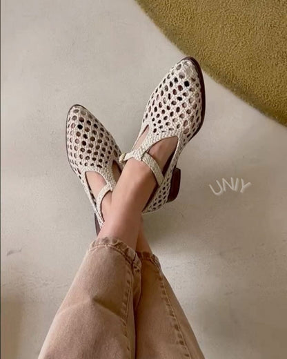 Chic Beige Woven Pointed Toe Versatile Mary Jane Flats [Pre Order]