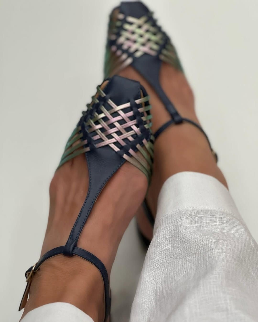 Blue Colorblock Woven Strap Square Toe Casual Flats [Pre Order]