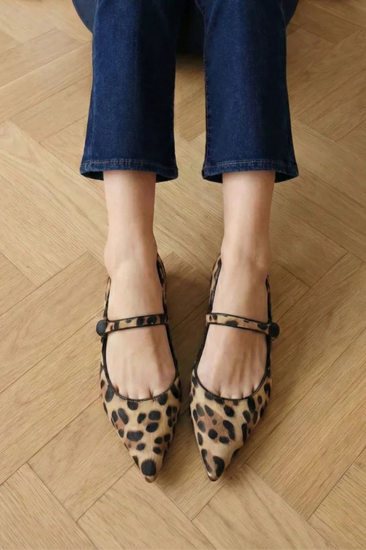 Vintage Leopard Print Calf Hair Pointed Mary Jane Flats [Pre Order]
