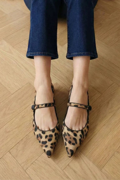 Vintage Leopard Print Calf Hair Pointed Mary Jane Flats [Pre Order]