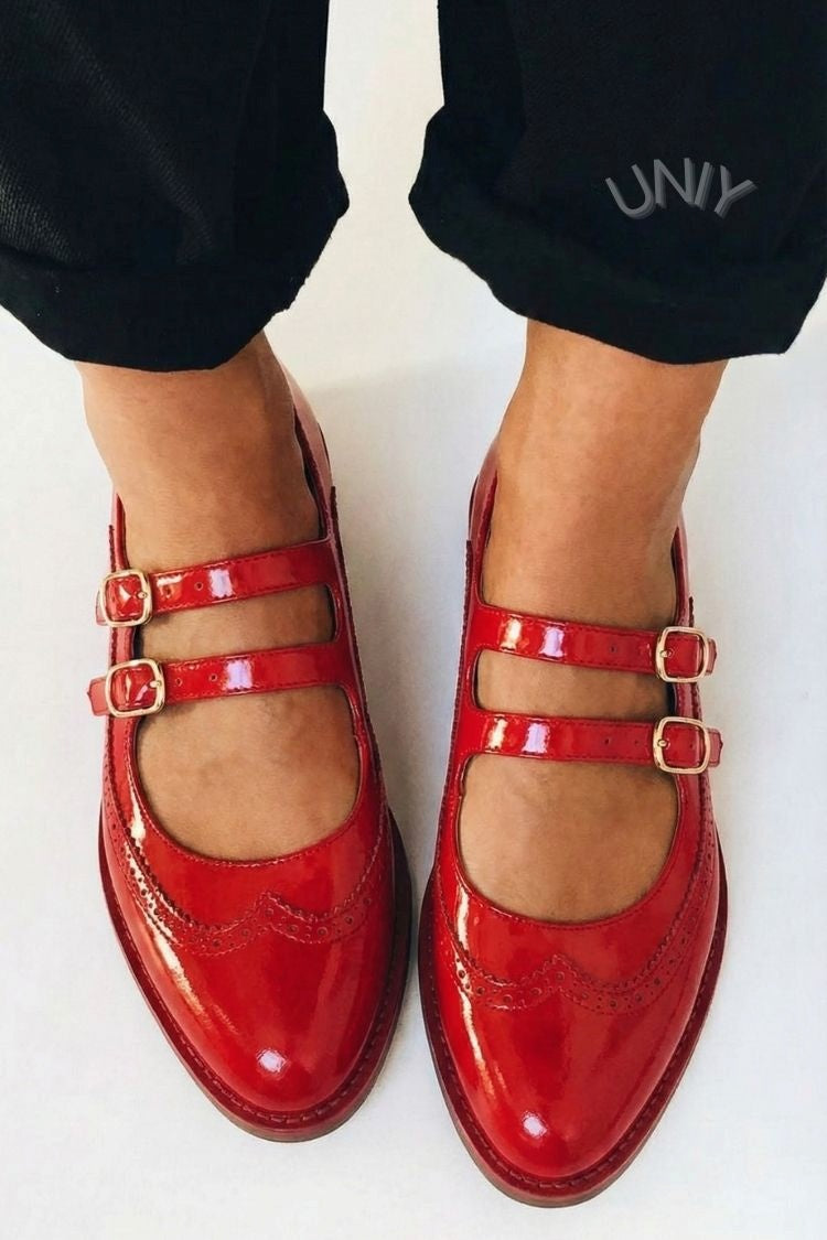 Red Patent Leather Double Strap Brogue Mary Jane Flats [Pre Order]