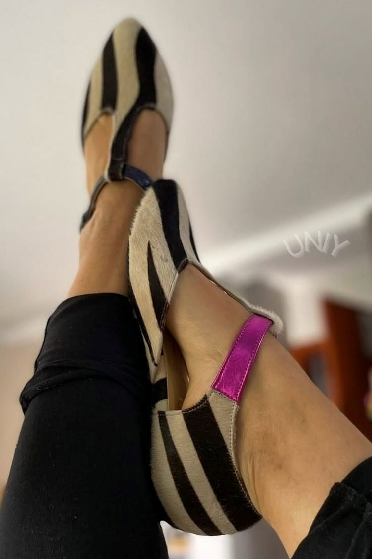 Zebra Print Pony Hair Pointed Toe Metallic Pink Strap Flats [Pre Order]