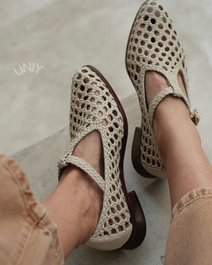 Chic Beige Woven Pointed Toe Versatile Mary Jane Flats [Pre Order]