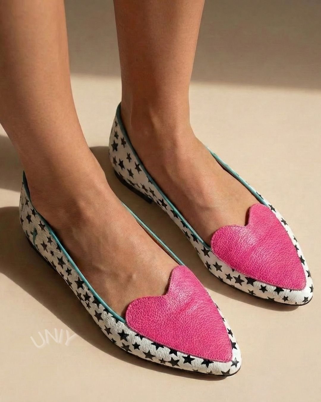 Star Print Pointed Toe Pink Heart Versatile Ballet Flats [Pre Order]