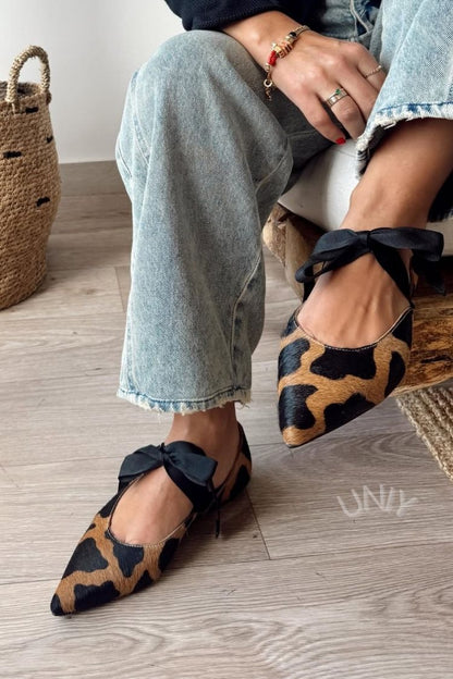 Pointed Toe Calf Hair Leopard Print Ribbon Bow Flats [Pre Order]