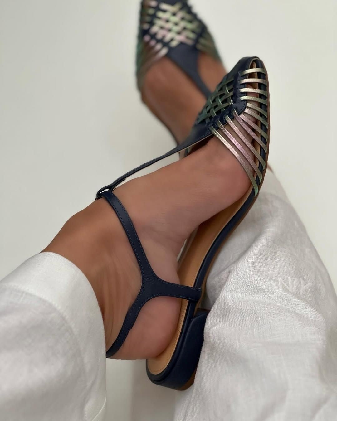 Blue Colorblock Woven Strap Square Toe Casual Flats [Pre Order]