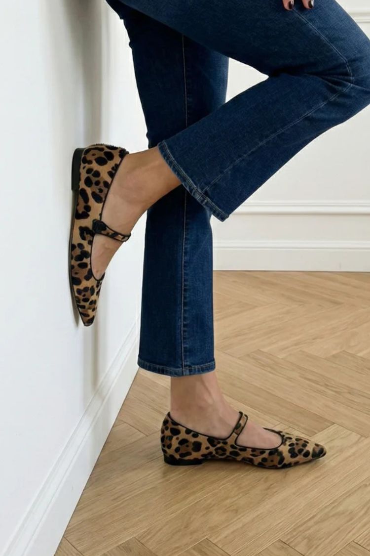 Vintage Leopard Print Calf Hair Pointed Mary Jane Flats [Pre Order]