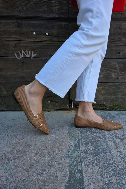 Brown Woven Pointed Toe Double Buckle Strap Flats [Pre Order]