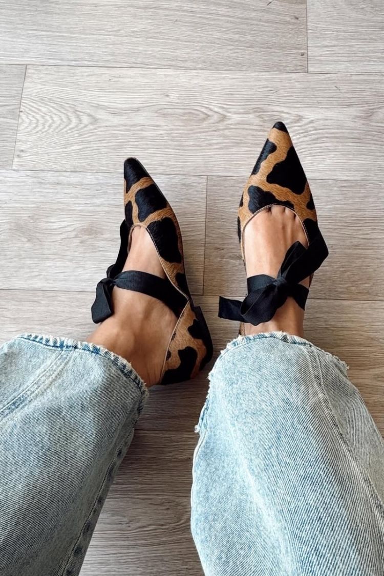 Pointed Toe Calf Hair Leopard Print Ribbon Bow Flats [Pre Order]