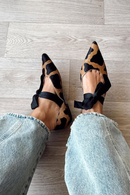 Pointed Toe Calf Hair Leopard Print Ribbon Bow Flats [Pre Order]