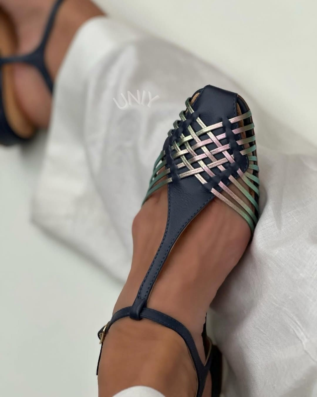 Blue Colorblock Woven Strap Square Toe Casual Flats [Pre Order]