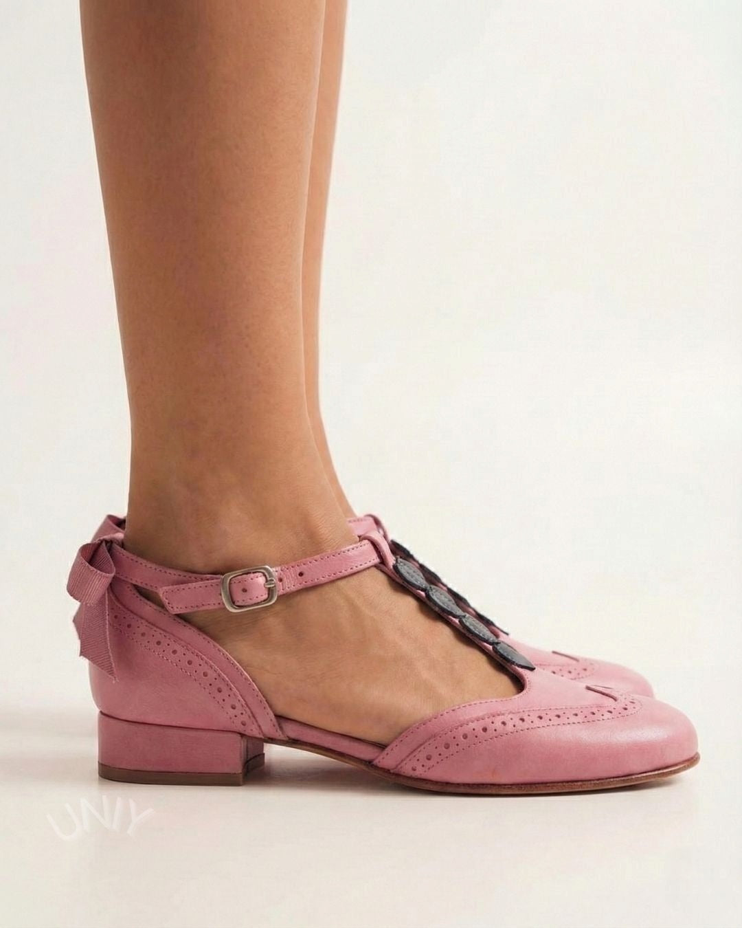 Pink Round Toe Heart Detail Brogue Strappy Mary Jane Flats [Pre Order]