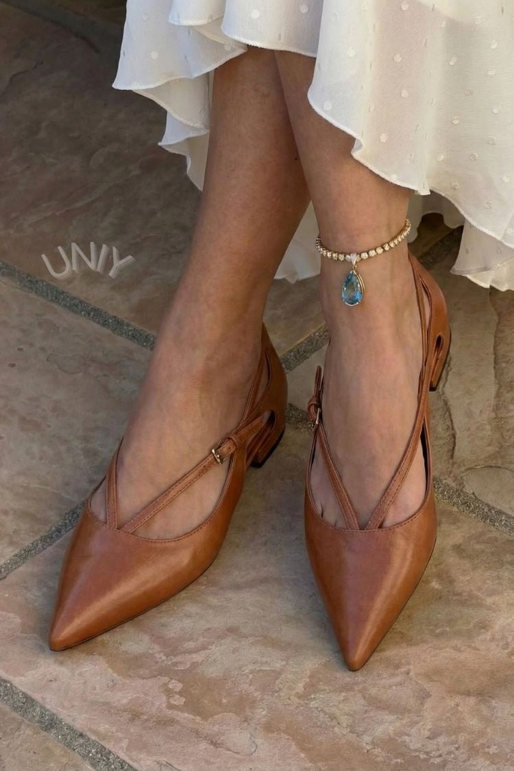 Elegant Brown PU Leather Pointed Toe Cutout Cross Strap Flats [Pre Order]