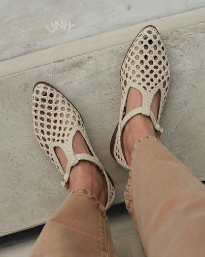 Chic Beige Woven Pointed Toe Versatile Mary Jane Flats [Pre Order]