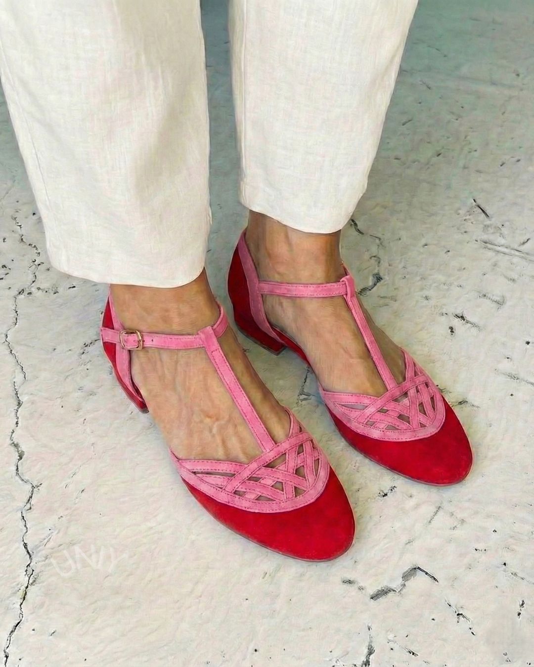 Red Pink Suede Color Block T-Strap Lattice Mary Jane Flats [Pre Order]