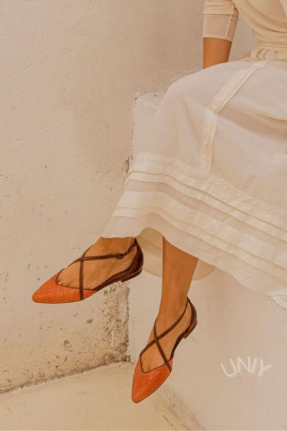Vintage Orange Snakeskin Crossover Strap Pointed Toe Flats [Pre Order]