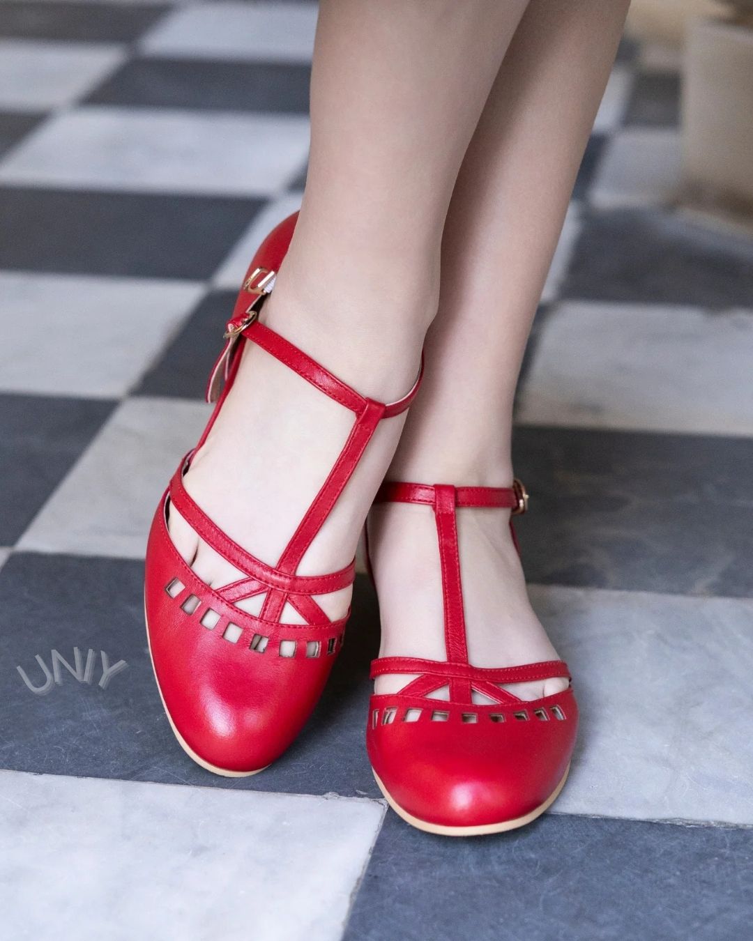 Red PU Leather T-Strap Cutout Round Toe Mary Jane Flats [Pre Order]