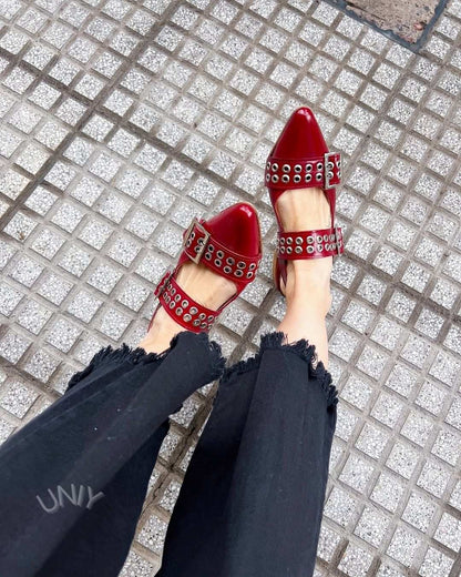 Burgundy Studded Double Strap Pointed Toe Mary Jane Flats [Pre Order]