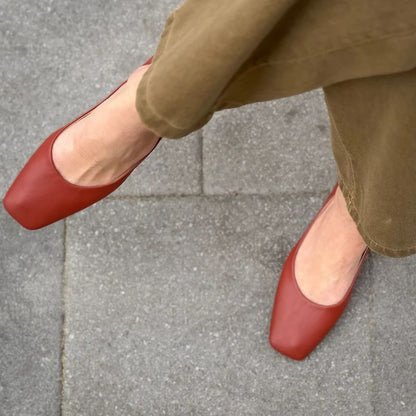 Minimalist Brick Red PU Leather Square Toe Flats [Pre Order]