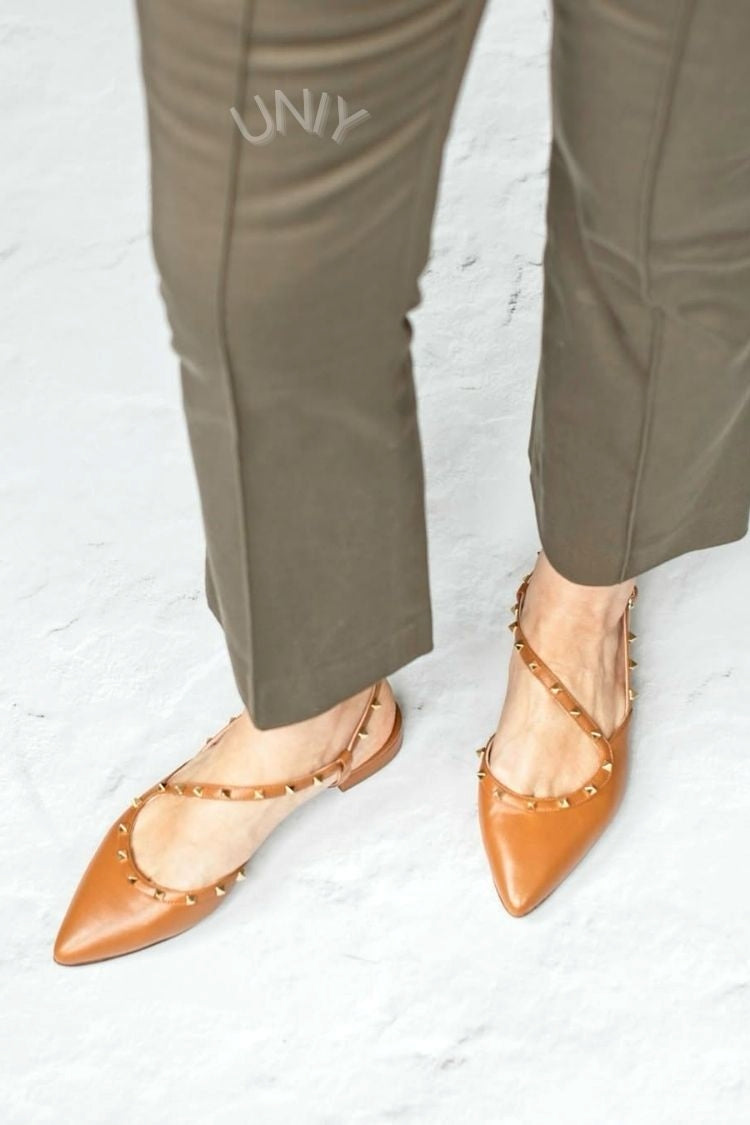 Brown Studded Strappy Pointed Toe Ankle Strap Ballet Flats [Pre Order]