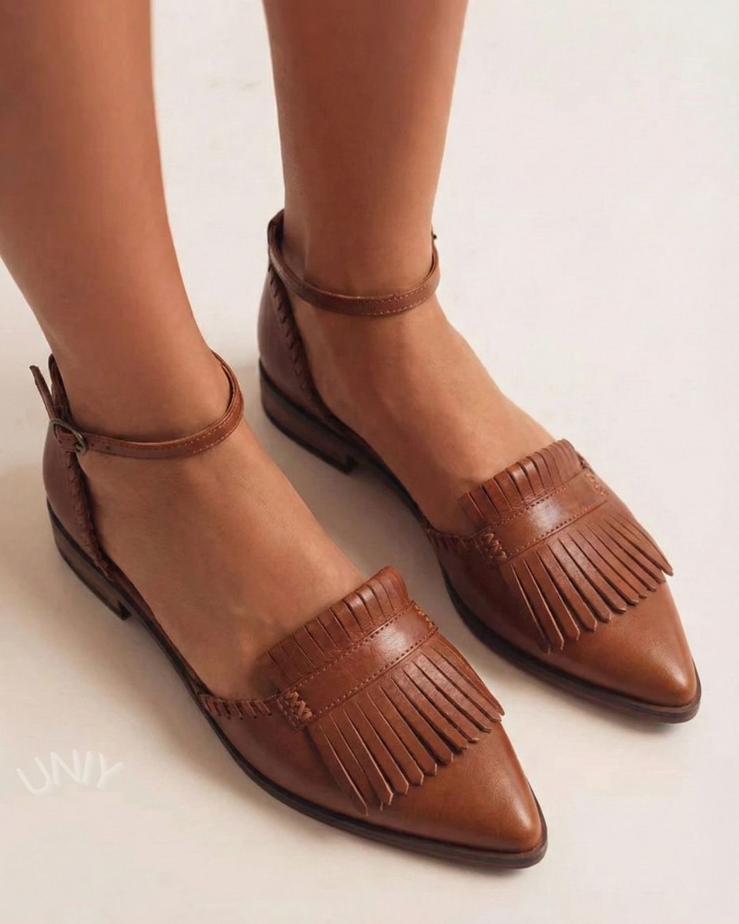 Brown Leather Pointed Toe Fringe Ankle Strap Flats [Pre Order]
