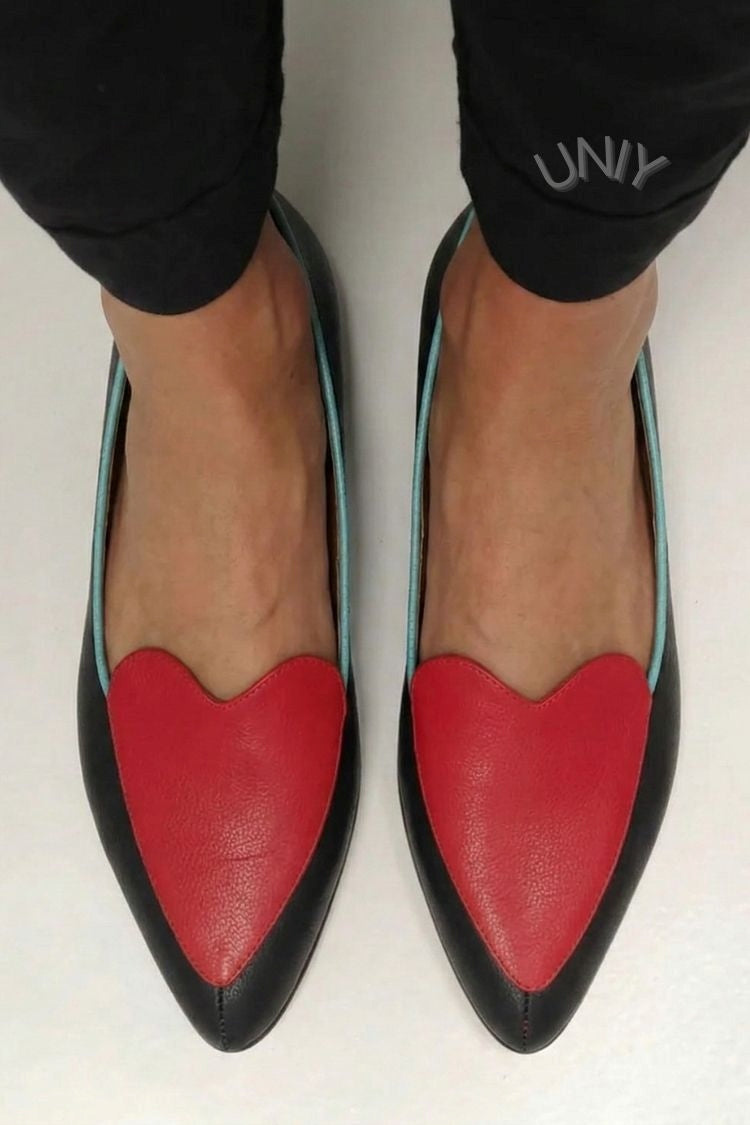 Vintage Black Red Contrast Pointed Toe Heart Detail Flats [Pre Order]