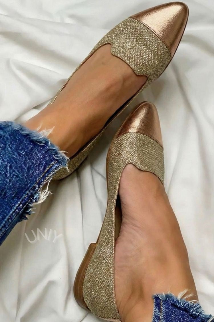 Gold Pointed Toe Patchwork Slip-On Casual Flats [Pre Order]