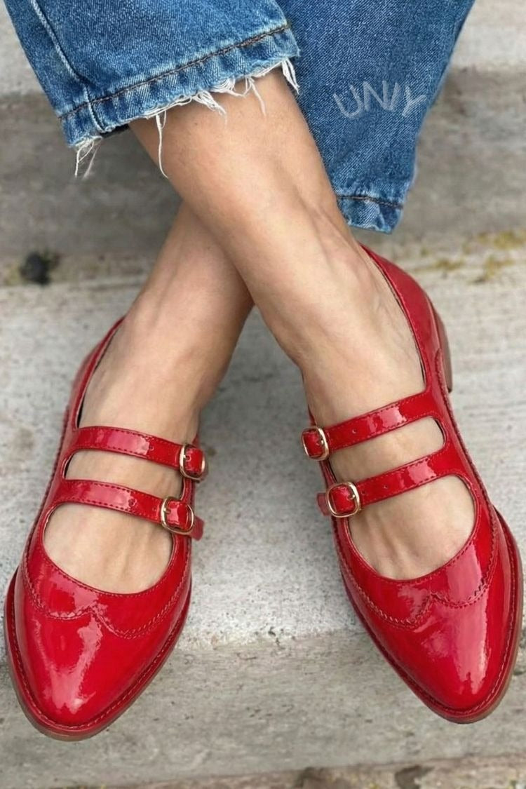 Chic Glossy Red Double Buckle Pointed Toe Mary Jane Flats [Pre Order]