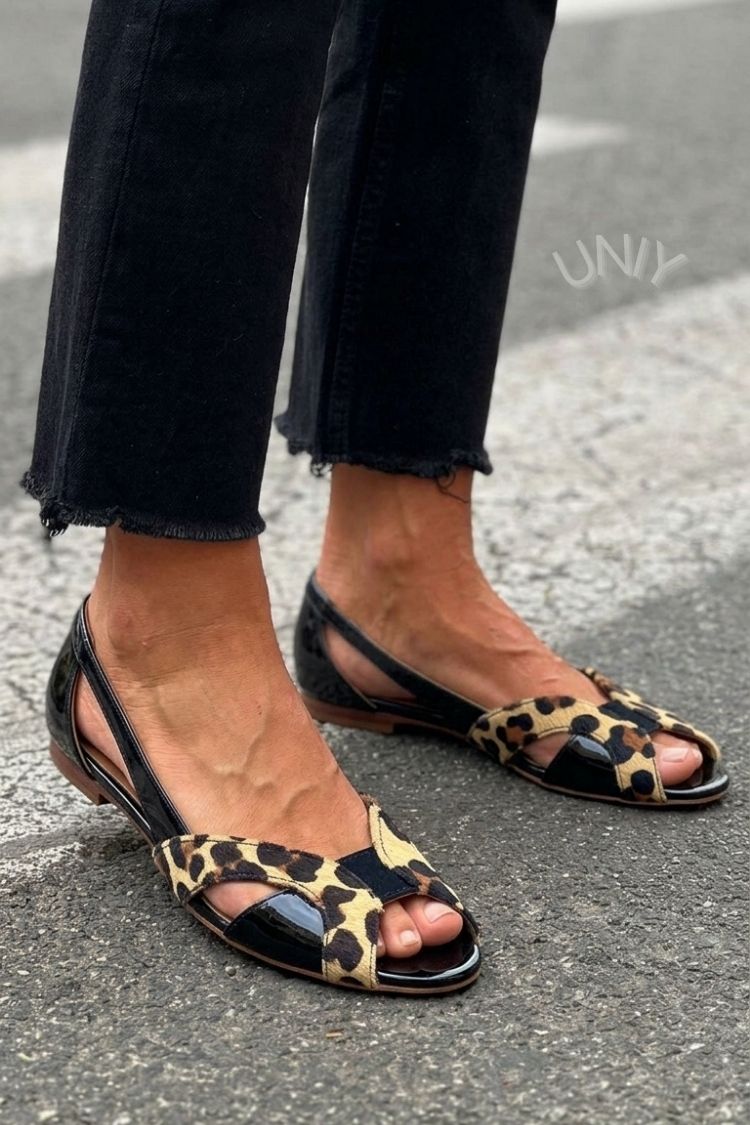Chic Leopard Print Black Patent Peep Toe Cutout Flats [Pre Order]