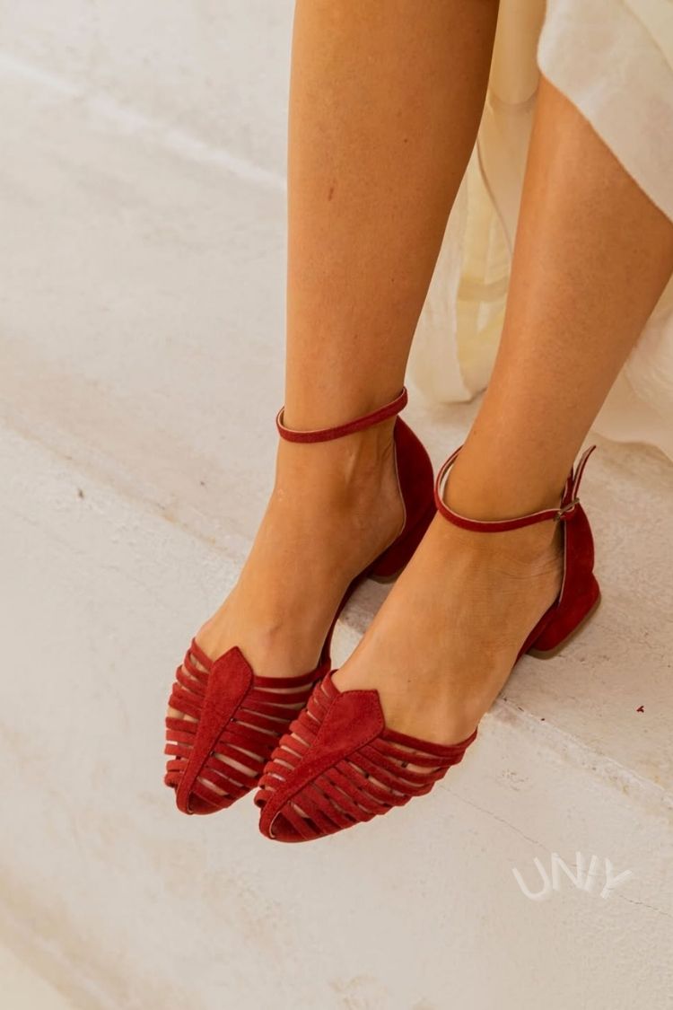 Burgundy Faux Suede Strappy Caged Ankle Strap Flats [Pre Order]