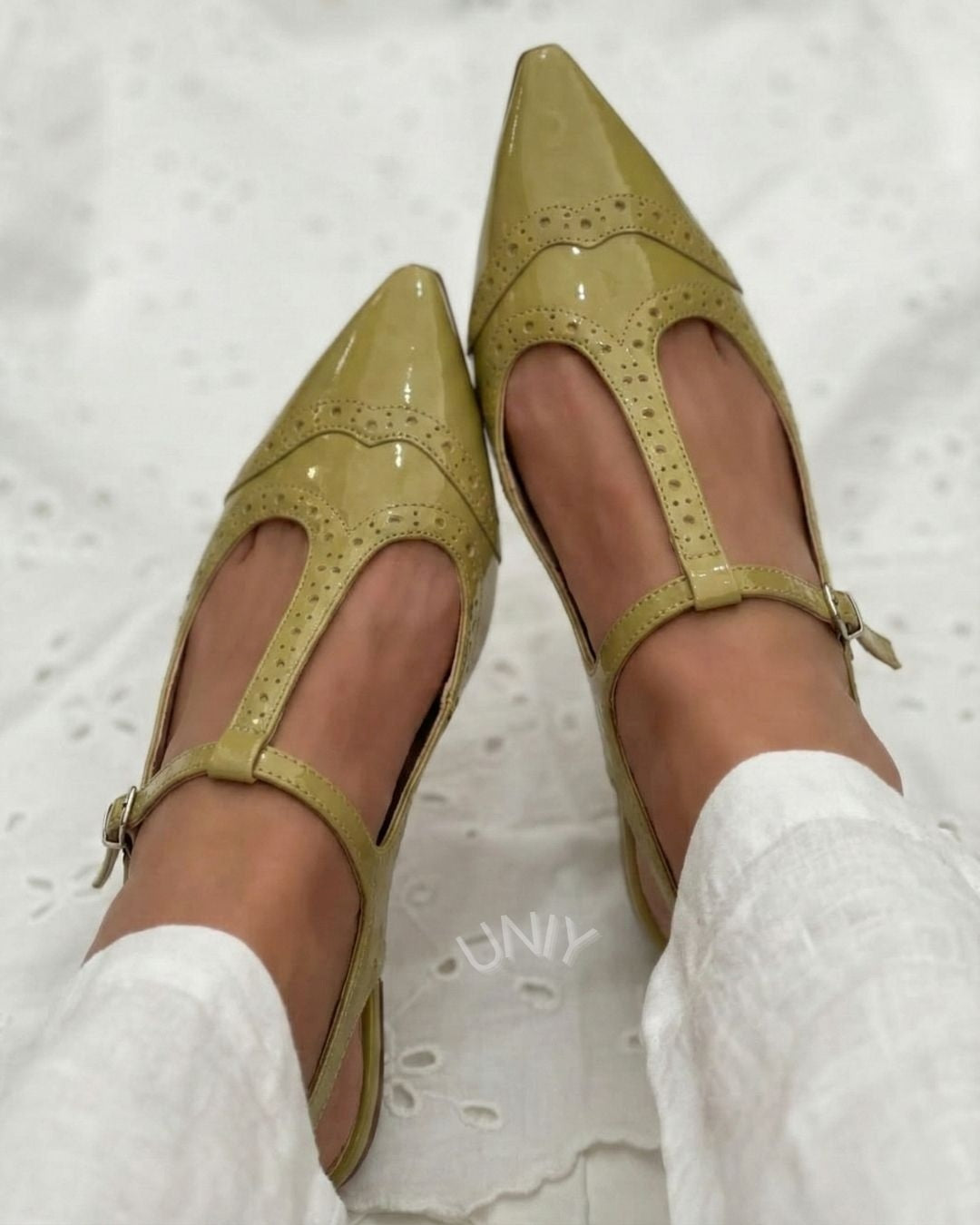 Green Patent Perforated T-Strap Pointed Toe Mary Jane Flats [Pre Order]